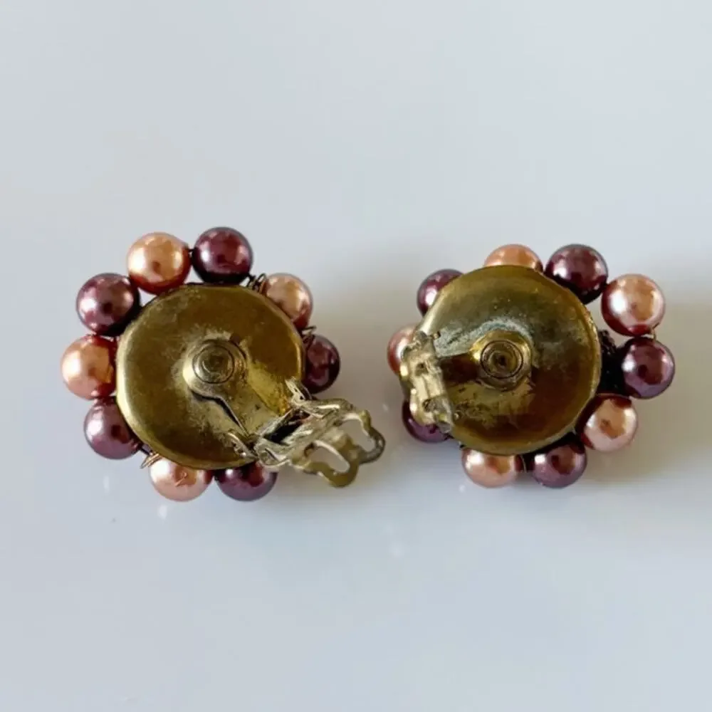 Vintage Cluster Bead Clip On Earrings Japan Earrings Purple